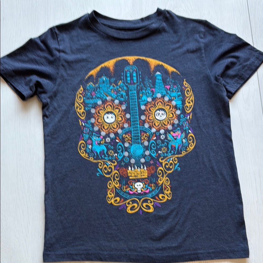 Disney Coco Navy Blue Tee with Colorful Skull Design
